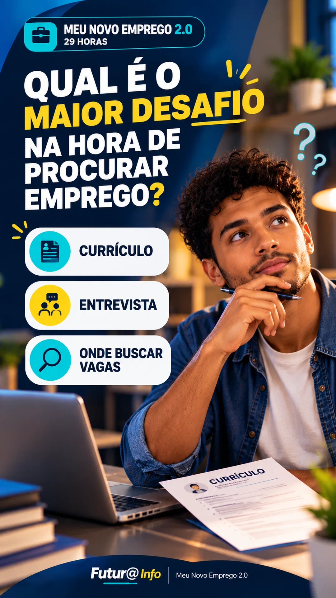 Campanha Meu Novo Emprego 2.0, peça STORY_02, orientação para currículo, busca de vagas e entrevista